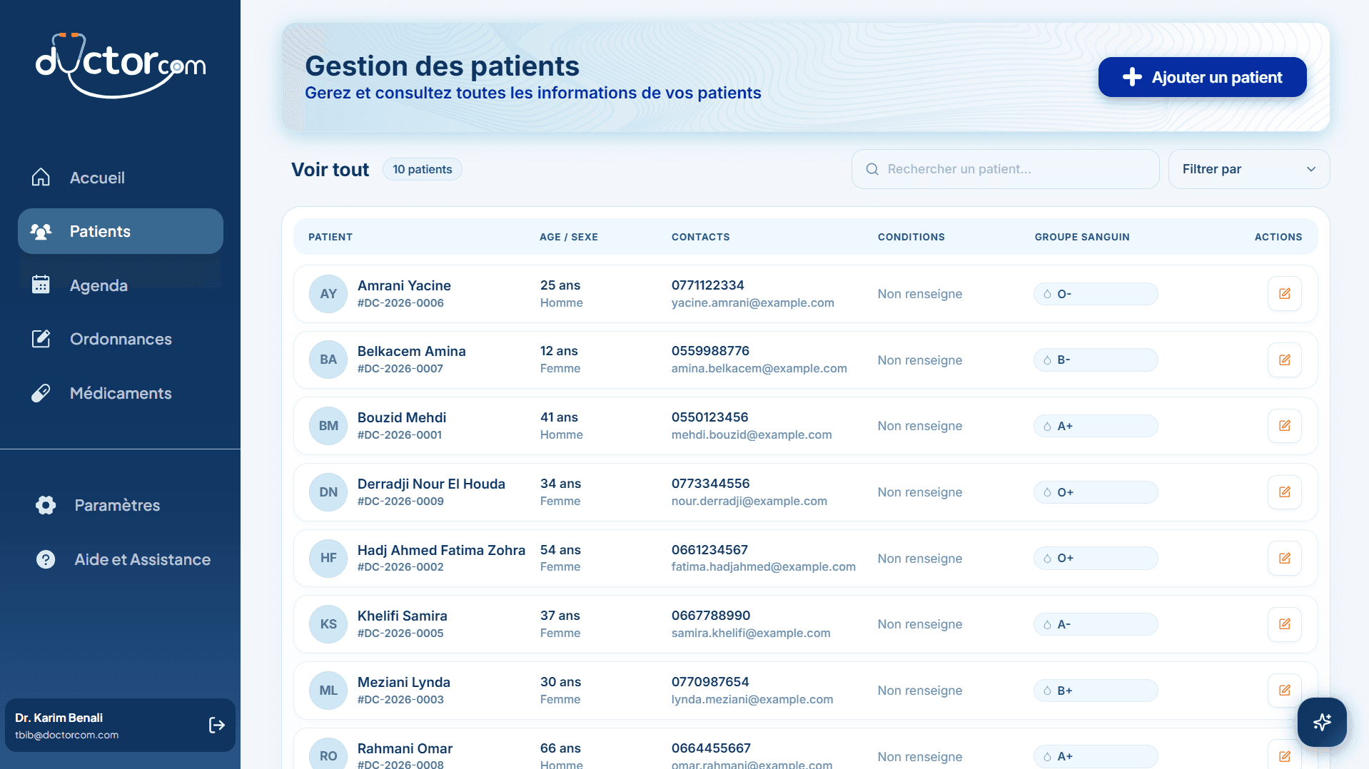 DoctorCom Patient Records interface showing detailed medical history